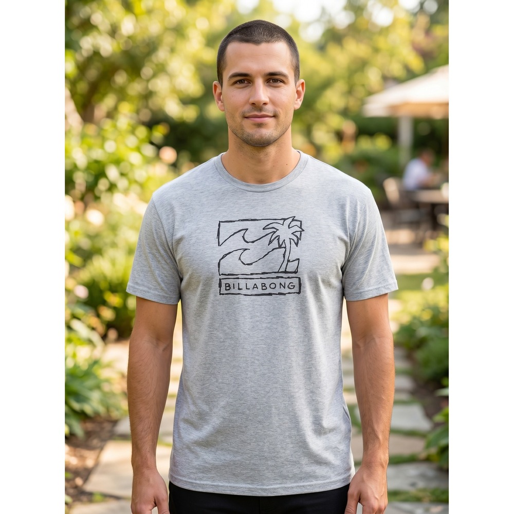 Billabong Mens Graphic T-Shirt Heather Gray Surf Wave Palm Tree Logo Tee XXL